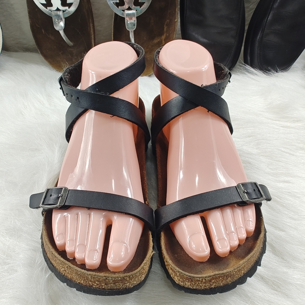 Birkenstock Yara Oiled Black Leather Sandals wrap around ankle size 37, US 6–6.5
